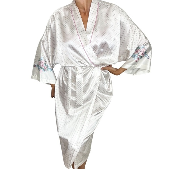 Vintage Linda Bis white satin pink polka dot kimono robe jacket OS - Picture 2 of 15